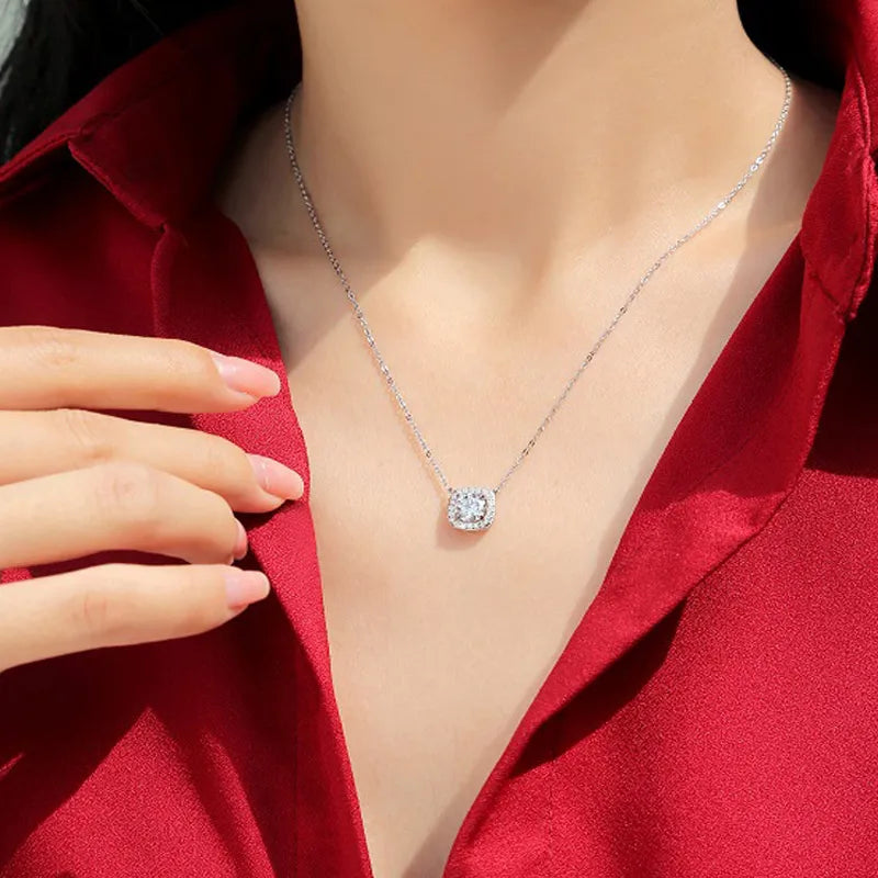 The Florence Necklace 1.0 Carat Moissanite Cushion Halo in Sterling Silver